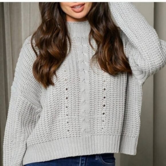 Light Grey Long Sleeve Mock Neck Trendy Knit Sweater-NEW-SIZE: LARGE - Picture 4 of 6